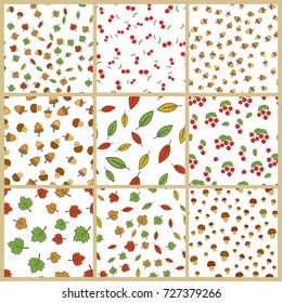 Autumn season nature elements seamless patterns big set. Colorful leaves, ripe berries, acorns and mushrooms flat vectors on white background. Fruits harvest, defoliation, forest food illustrations