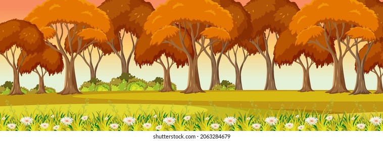 Autumn season with nature park at sunset time horizontal scene illustration