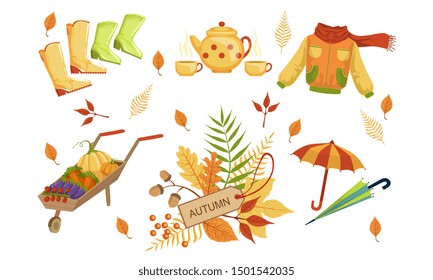 Autumn Season Objects Collection. Autumnal Design Elements, Rubber Boots, Jacket, Wheelbarrow with Vegetables, Colorful Tree Leaves, Umbrella. Vector Illustration.