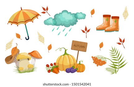 Autumn Season Objects Collection. Autumnal Design Elements. Umbrella, Rainy Cloud, Rubber Boots, Mushrooms, Vegetables, Mountain Ash Leaves. Vector Illustration.