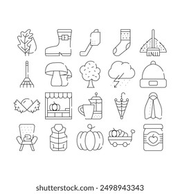 Autumn Season Objects Collection Icons Set Vector. Tree Leaves And Rake, Mushrooms And Pumpkin, Sock And Shoe, Umbrella And Armchair Black Contour Illustrations