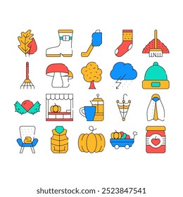 Autumn Season Objects Collection Icons Set Vector. Tree Leaves And Rake, Mushrooms And Pumpkin, Sock And Shoe, Umbrella And Armchair color Contour Illustrations