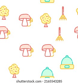 Autumn Season Objects Collection Vector Seamless Pattern Color Line Illustration