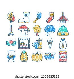 autumn season objects doodle icons set vector. sketch line art tree leaves and rake, mushrooms and pumpkin, sock and shoe, umbrella and armchair color illustrations