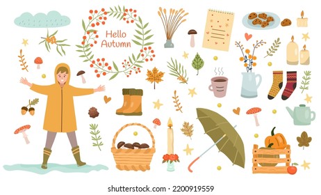 Temporada de otoño. Bosque de naranjas. Cosecha de granjeros. Calabaza y calcetines vestidos. Productos de caída agrícola. Deja el herbario. Mujer con abrigo cálido. Colección estacional. Ilustración plana del vector