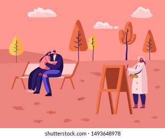 Autumn Season Outdoors Spare Time in Public City Park. Loving Couple Sitting on Bench Hugging and Speaking to each other, Woman Painter Drawing Picture on Canvas. Cartoon Flat Vector Illustration