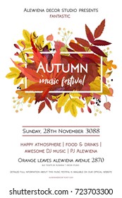 Autumn season party festival invite poster banner Vector watercolor style card design  border frame: colorful orange yellow orange red fall leaves forest maple oak tree berries.  Decorative copy space