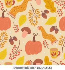 Autumn season pattern with different leaves, pumpkins, scarf and berries. Thanksgiving design. Vector illustration for textile, wrapping, wallpaper.