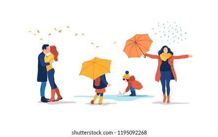 Autumn season. People outdoor in the park on weekend. Vector illustration.