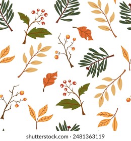 Patrón sin fisuras de Vector plano de las plantas de temporada de otoño. Textura de ramas y hojas secas. Ramitas de arándanos sobre fondo blanco. Herbario de fondo. Diseño de papel de embalaje de bayas de bosque silvestre de otoño.