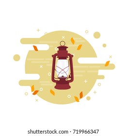 Autumn season poster with camping lantern cartoon flat illustration vector with modern design background.