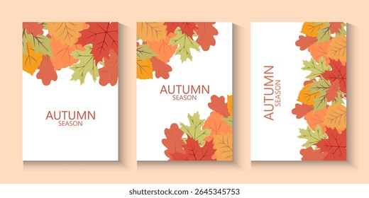 Autumn season poster, cards or banner template with minimalist design pastel colours, vibrant leaves. Collection of Vintage autumn Flower Market posters with colorful fall leaves.Trendy botanical wall