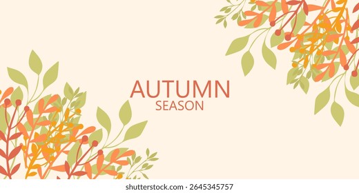 Autumn season poster, cards or banner template with minimalist design pastel colours, vibrant leaves. Collection of Vintage autumn Flower Market posters with colorful fall leaves.Trendy botanical wall