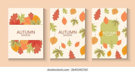 Autumn season poster, cards or banner template with minimalist design pastel colours, vibrant leaves. Collection of Vintage autumn Flower Market posters with colorful fall leaves.Trendy botanical wall