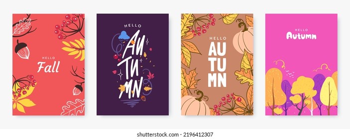 Autumn season poster collection. Abstract illustrations with autumn forest, fallen leaves, colorful foliage and typography. Ideal for event invitation, print, discount voucher, ad. Vector eps 10