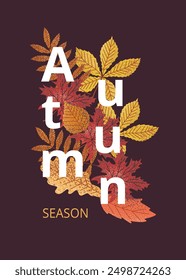 Autumn season poster with colorful leaves and text on dark background. Perfect for seasonal designs, greeting cards, and digital projects. Warm, inviting fall theme with vibrant leaf illustrations.