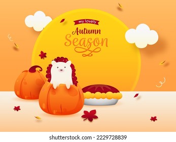 Autumn Season Poster Design With Cartoon Hedgehog, Pumpkins, Pie Cake, Leaves, Clouds Decorated On Orange And Peach Background.