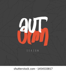 Autumn season poster with line art leaves background and handwritten lettering.