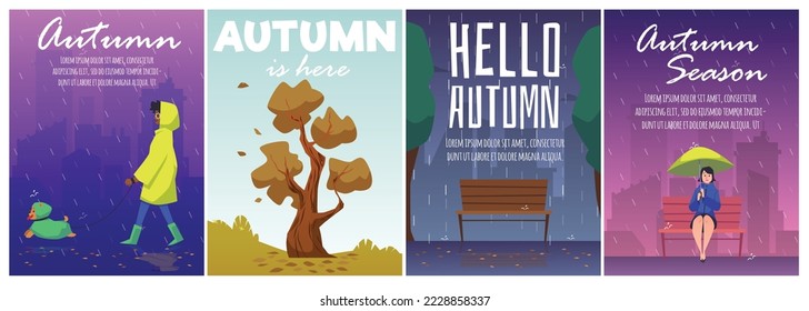 Autumn season posters set, flat vector illustration. Collection of banners with text and fall greetings. Happy people walking in the rain with umbrellas. City park with yellow leaves on trees.