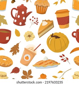 Autumn season pumpkin spice background. Fall seasonal cakes and hot drinks. Isolated on white background. Cute orange pumpkin, a cup of coffee, pumpkin pie, cake, leaves.