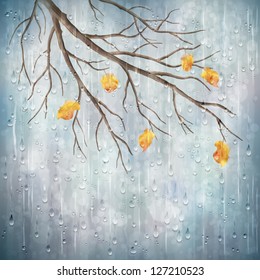 Autumn season rainy weather artistic design. Tree branch, yellow leaves, transparent water drops on foggy gray blur natural wallpaper background. Beautiful wet autumn fall realistic vector landscape