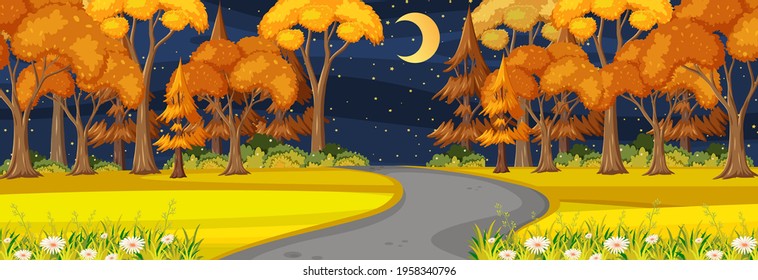 Autumn season with road through the park at night time horizontal scene illustration