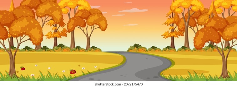 Autumn season with road through the park at sunset time horizontal scene illustration
