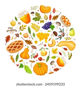 Autumn Season Round Composition with Bright Crop and Foliage Vector Template