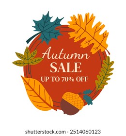 Autumn season sale badge promotion. Fall vector template with leaves and acorn.