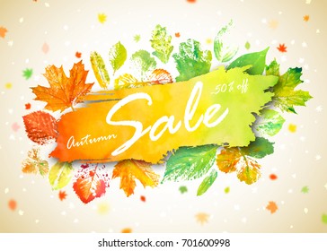 Autumn season sale banner. Concept autumn advertising with hand drawn watercolor fall leaves. Modern design promo poster with watercolor colorful foliage of yellow, orange and green color