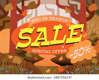 autumn season sale banner, flat vector design, cartoon fall forest background with fallen leaves.