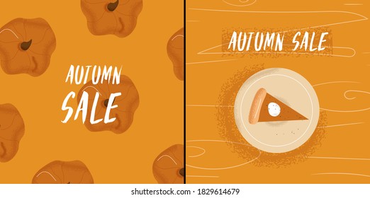 Autumn season sale, discounts. Set of cards with autumn and halloween elements, pumpkins and pumpkin pie. Nice vector flat illustration in cartoon style. Fall season.