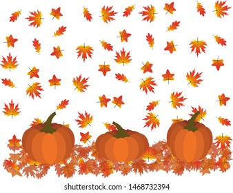 Autumn season scene with pumpkins and falling leaves