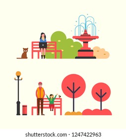 Autumn season scenery with people in flat style. Woman sitting on bench with laptop, father and daughter resting in park. Vector trees, fountain and bin, street lamp