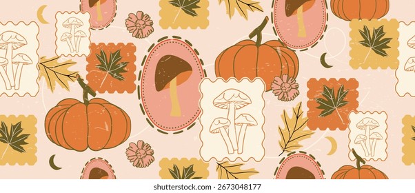 Herbstsaison nahtlose Muster Hintergrund Vektor. Herbsternte Tapete mit Kürbis, Ahornblatt, Pilz, Rahmen. Design für Druck, Abdeckung, Stoff, Verpackung, Wandkunst, Wohnkultur.