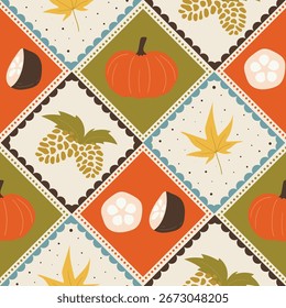 Autumn season seamless pattern background vector. Fall harvest wallpaper with pumpkin, pinecone, fig, maple leaf, frame. Design for print, cover, fabric, packaging, wall art, home decor.