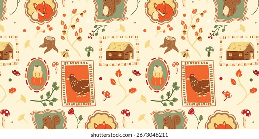 Autumn season seamless pattern background vector. Fall harvest wallpaper with pumpkin, chicken, fox, squirrel, house, frame. Design for print, cover, fabric, packaging, wall art, home decor.
