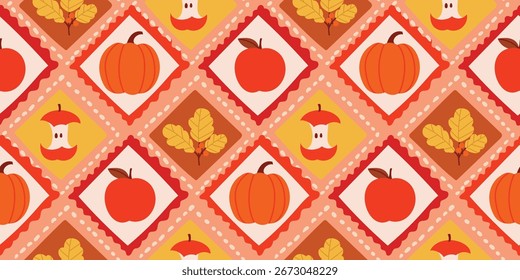 Herbstsaison nahtlose Muster Hintergrund Vektor. Herbsternte Tapete mit Kürbis, Apfel, Eichenblatt, Rahmen. Design für gedruckte, Abdeckung, Stoff, Verpackung, Wandkunst, Wohnkultur.