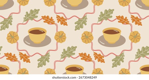 Vector de fondo sin patrón de temporada de otoño. Fondo de pantalla de cosecha de otoño con calabaza, hoja de roble, taza de café, marco. Diseño para impresión, cubierta, tela, embalaje, arte de la pared, decoración del hogar.