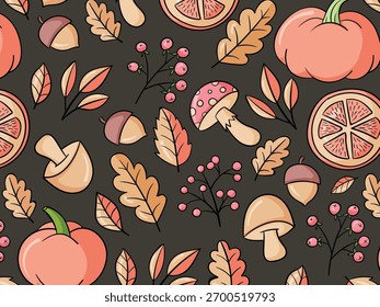 Vetor de fundo de padrão sem emenda da estação de outono. Colheita de outono papel de parede com folha de bordo, cogumelo, noz, ramos folhas, quadro. Design para impressão, capa, tecido, embalagem, arte de parede, decoração de casa.
