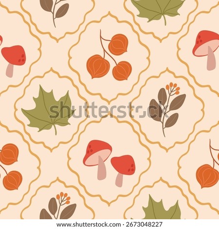 Autumn season seamless pattern background vector. Fall harvest wallpaper with maple leaf, mushroom, walnut, leaves branch, frame. Design for print, cover, fabric, packaging, wall art, home decor.