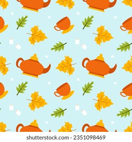Autumn Season Seamless Pattern Design with Fall Elements in Template Cartoon Flat Illustration
