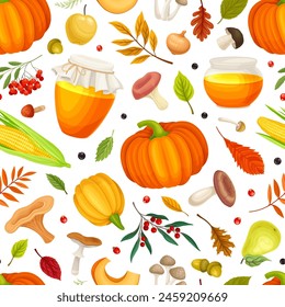 Autumn Season Seamless Pattern Design with Bright Crop and Foliage Vector Template