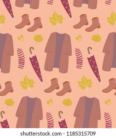 Autumn season seamless pattern. fall essentials, umbrella, boots, long cardigan.