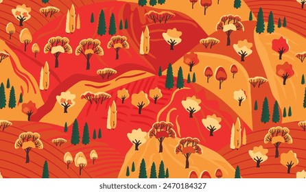 Autumn season seamless pattern with foliar and coniferous trees and bushes.Colorful landscape with hills and vegetation.Graphic background with plantings.Vector design for banner,cover,wallpaper.