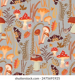 Autumn season seamless pattern with forest mushrooms,flying moth and snail.Colorful background with wild plants and animal.Vector  design for printing on fabric and paper.Flat cartoon illustration.