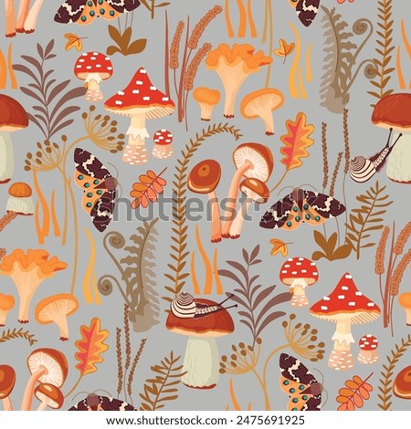 Autumn season seamless pattern with forest mushrooms,flying moth and snail.Colorful background with wild plants and animal.Vector  design for printing on fabric and paper.Flat cartoon illustration.