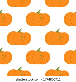 Autumn season seamless pattern with isolated pumpkin elements. White background on fall backdrop. Perfect for wallpaper, wrapping paper, textile print, fabric. Vector illustration.