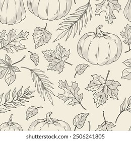 Autumn season seamless pattern monochrome with large pumpkins of different shapes and maple and oak leaves with birch vector illustration