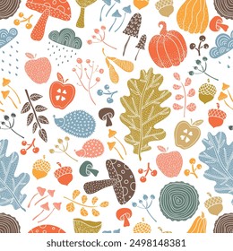 Autumn season seamless pattern with mushrooms, hedgehog,pumpkin and fall leaves. Cute background with wild plants and cute animal.Vector